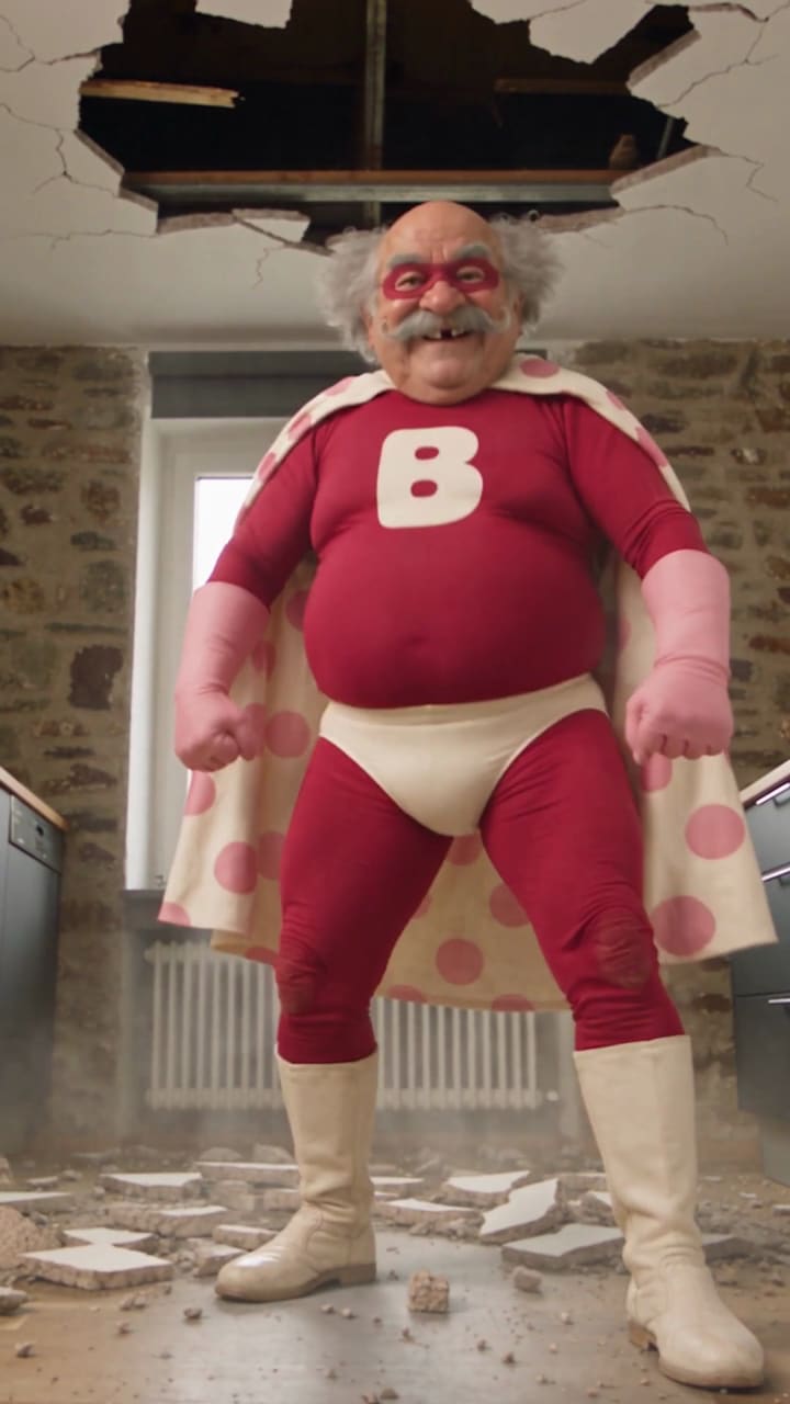 Belg stands in a cellar with a hole in the ceiling above him.