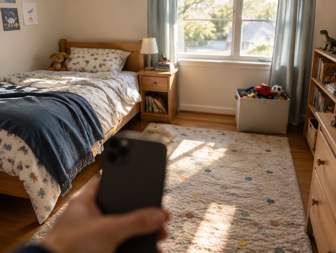 A tidied child's bedroom in the afternoon, with a hand holding a phone out of focus in the foreground, photographing the proof.